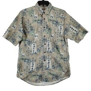 Woolrich Mens Large Fishing Fly Lure Print Cotton Short Sleeve Button Down Shirt